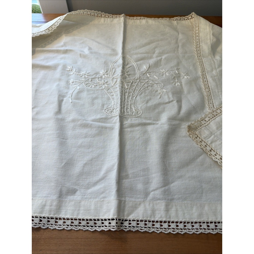 Vtg‎ Handmade Table Runner With Embroidery Basket Fliwers 62x22"